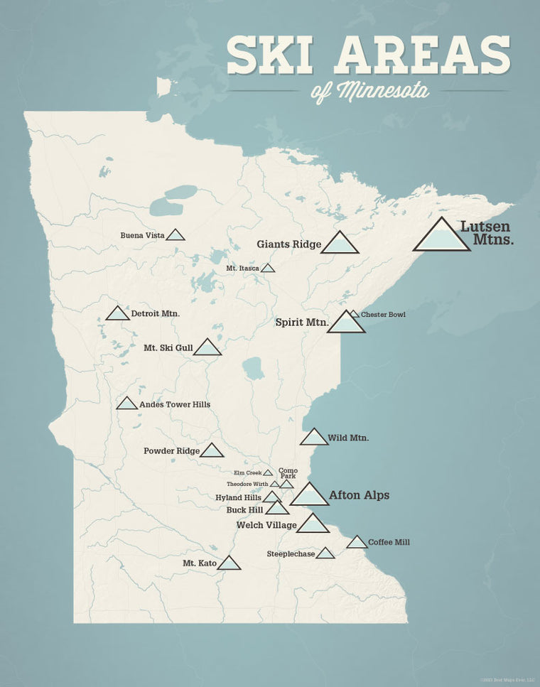 Minnesota Ski Areas Map Print - beige & opal blue