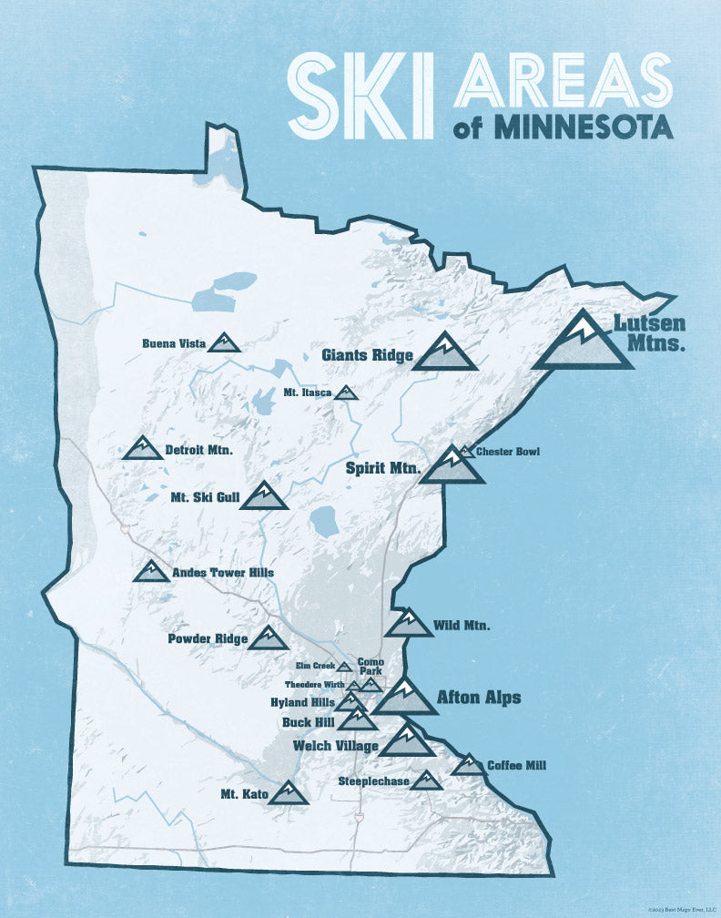 Minnesota Ski Resorts Map Print - white & light blue