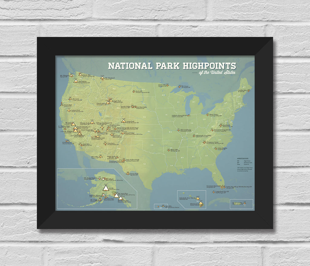 US National Park Highpoints Map 11x14 Print