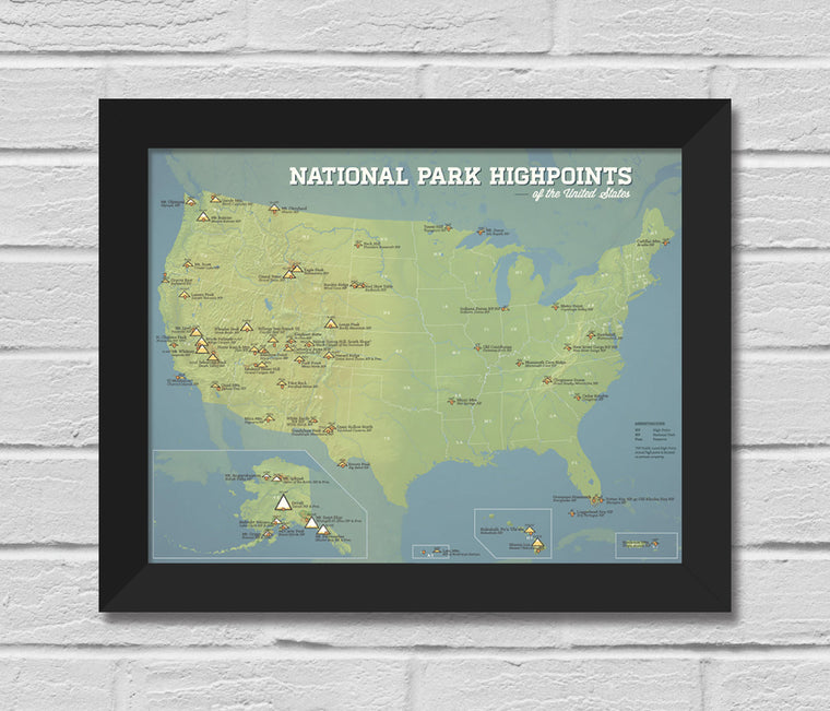 US National Park Highpoints Map 11x14 Print