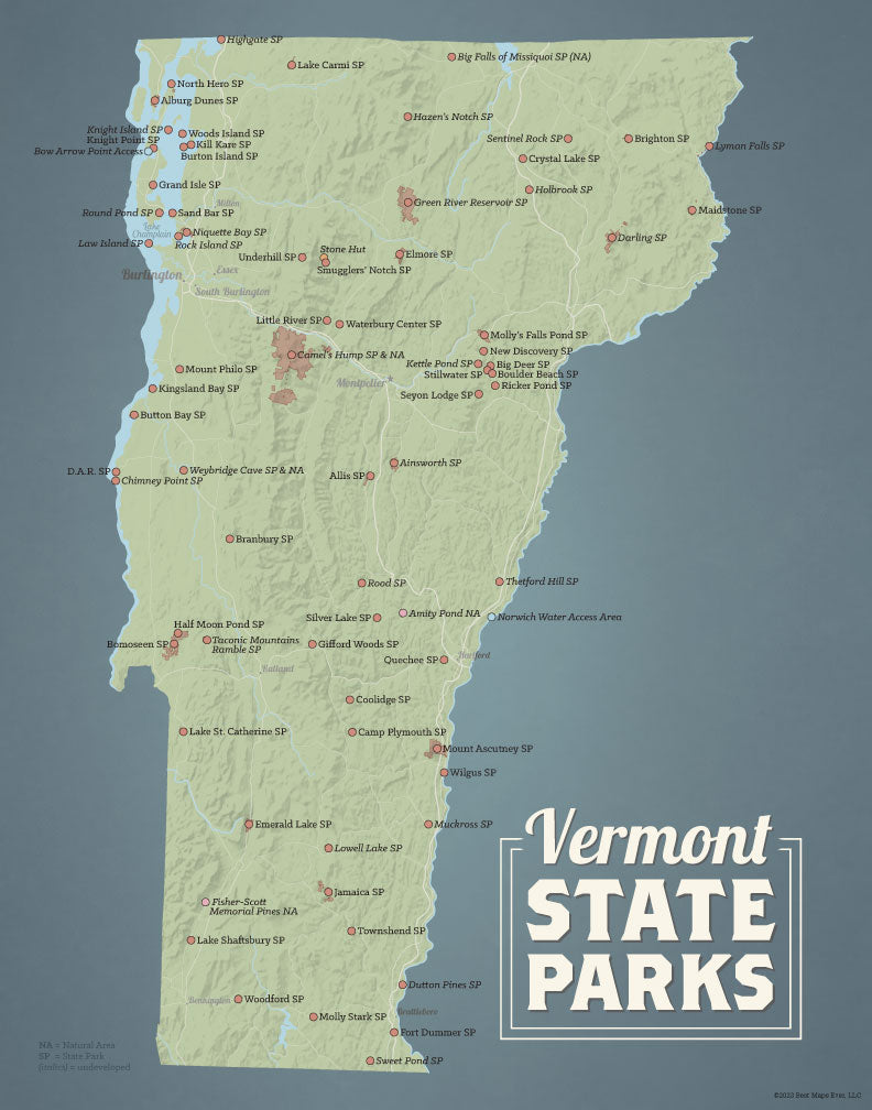Vermont State Parks Map Print - sage & slate blue
