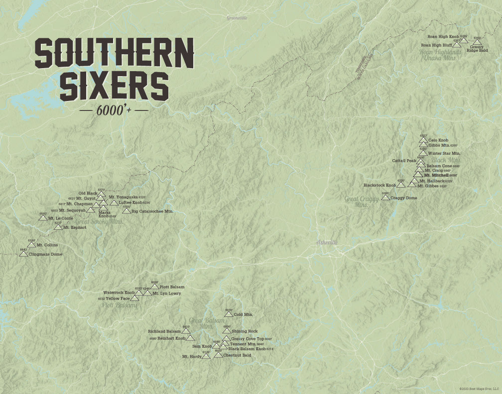 North Carolina 'Southern Sixers' / 'South Beyond 6000' Map Print - sage