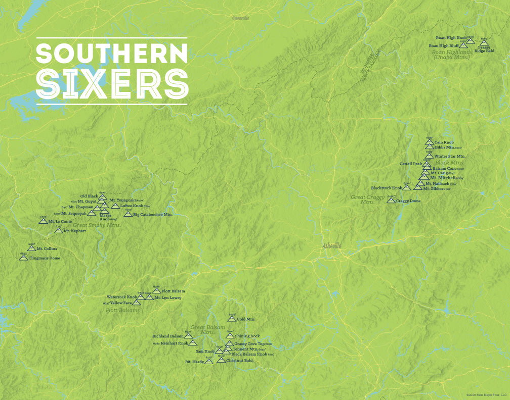 North Carolina 'Southern Sixers' / 'South Beyond 6000' Map Print - bright green
