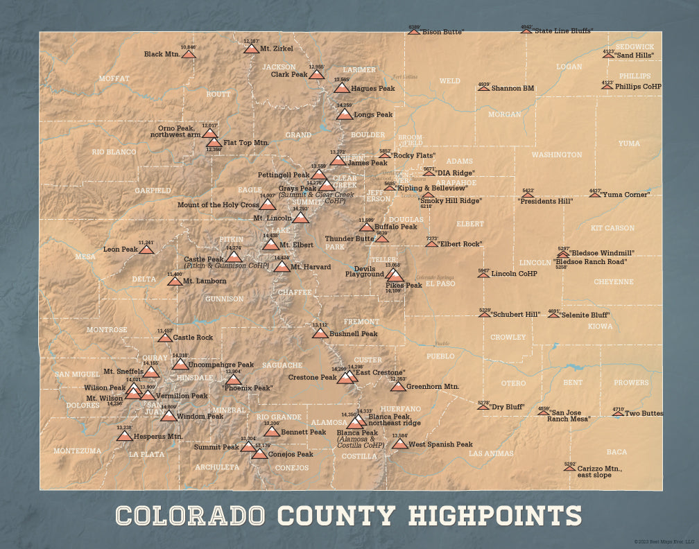 Colorado County High Points Map Print - camel & slate blue