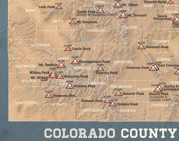 Colorado County High Points Map Print - camel & slate blue