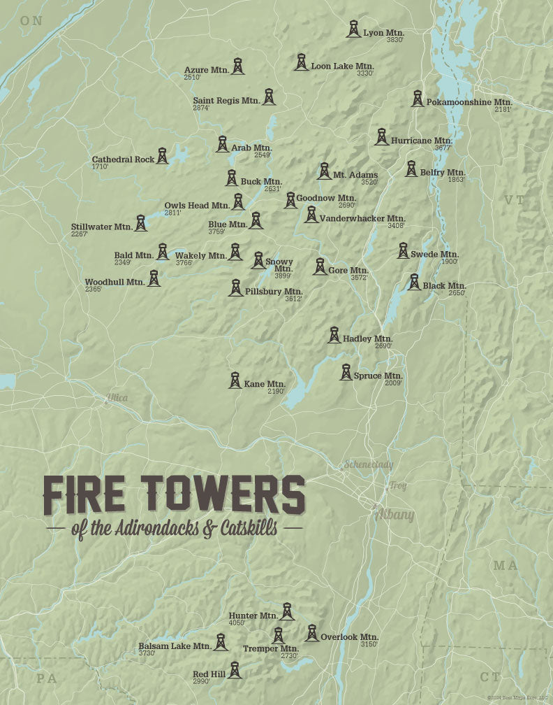 New York Adirondack Catskill ADK Fire Tower Challenge map print - sage