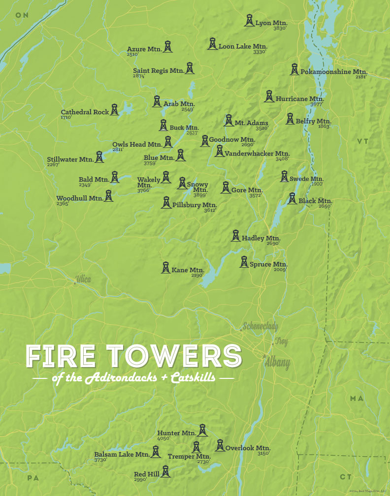 New York Adirondack Catskill ADK Fire Tower Challenge map print - bright green