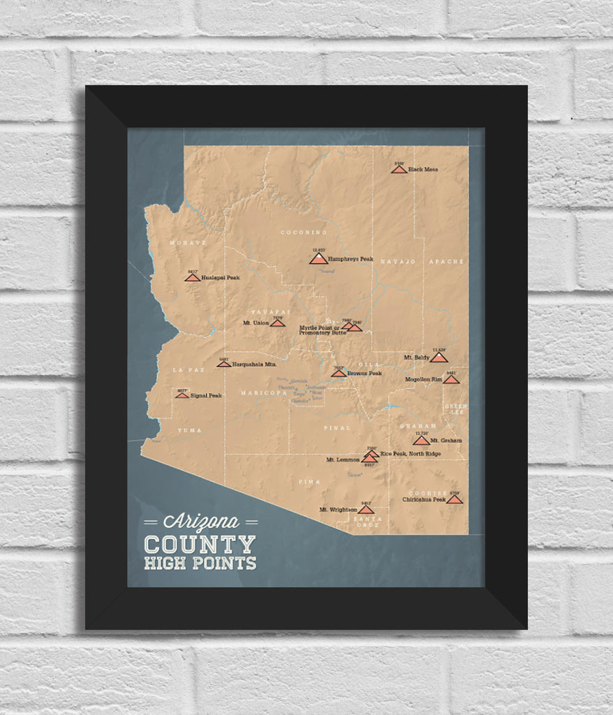 Arizona County Highpoints Map 11x14 Print