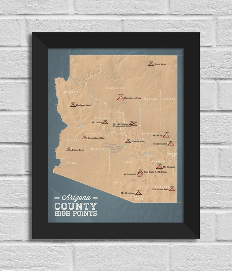 Arizona County Highpoints Map 11x14 Print