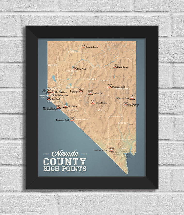 Nevada County Highpoints Map 11x14 Print