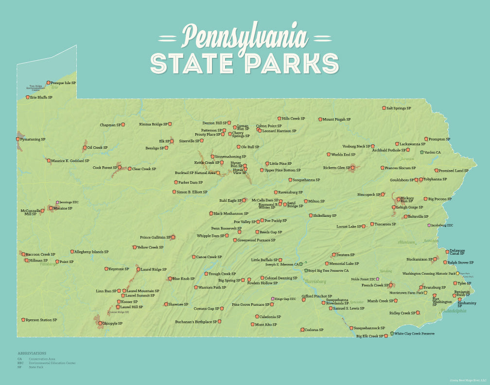 Pennsylvania State Parks Map Print - green & aqua