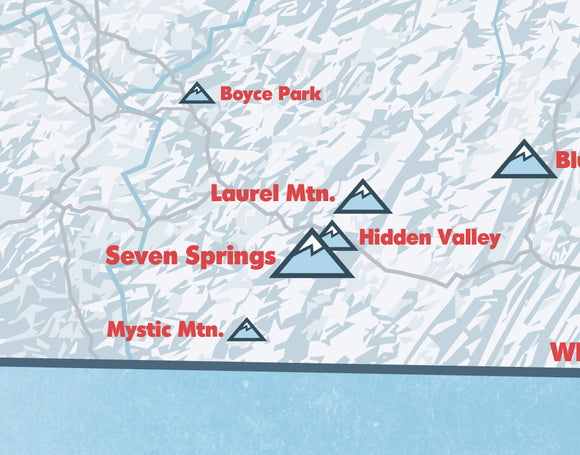 Pennsylvania Ski Areas & Resorts Map - white & light blue