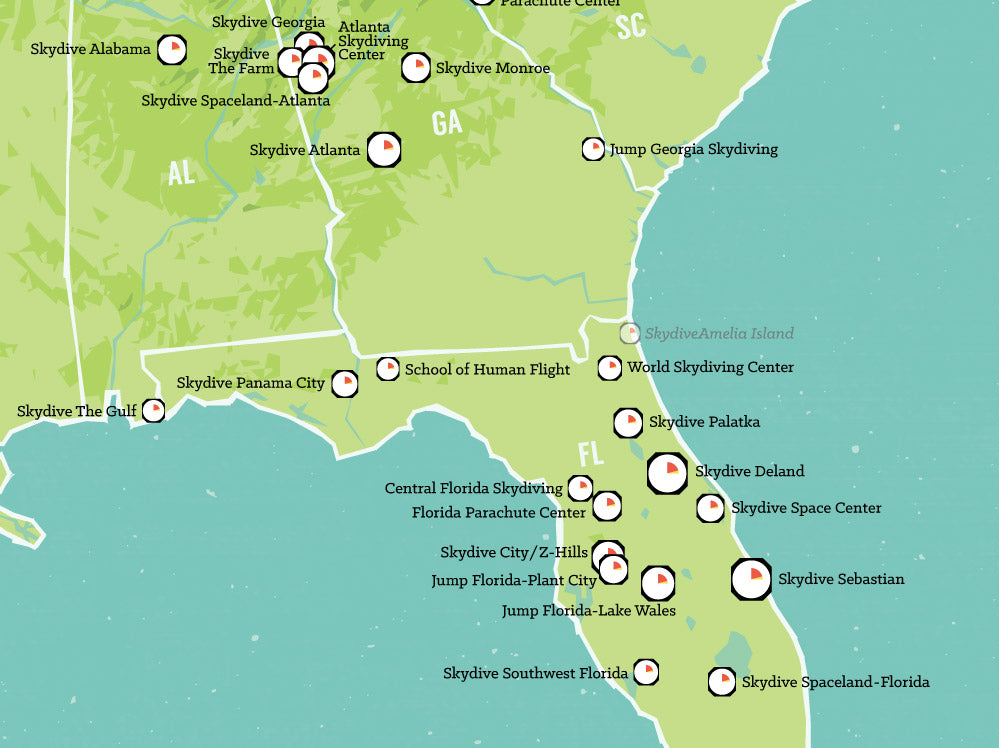 USA Skydiving Dropzones Map Poster - green & aqua