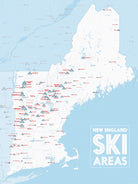 New England Ski Areas Resorts Checklist Map Poster - white & light blue