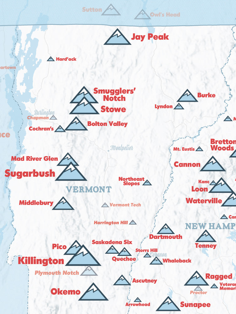 New England Ski Areas Resorts Checklist Map Poster - white & light blue