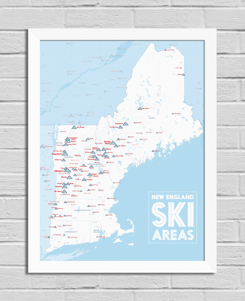New England Ski Resorts Map 18x24 Poster