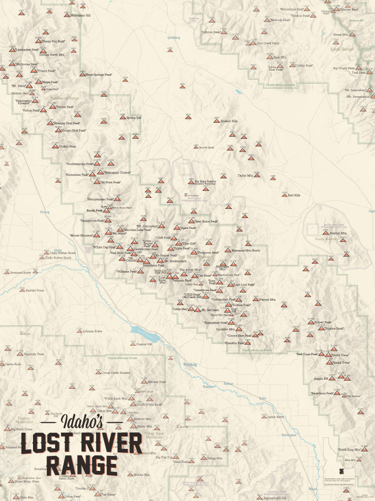 Idaho Lost River Range Climber Checklist Map - tan