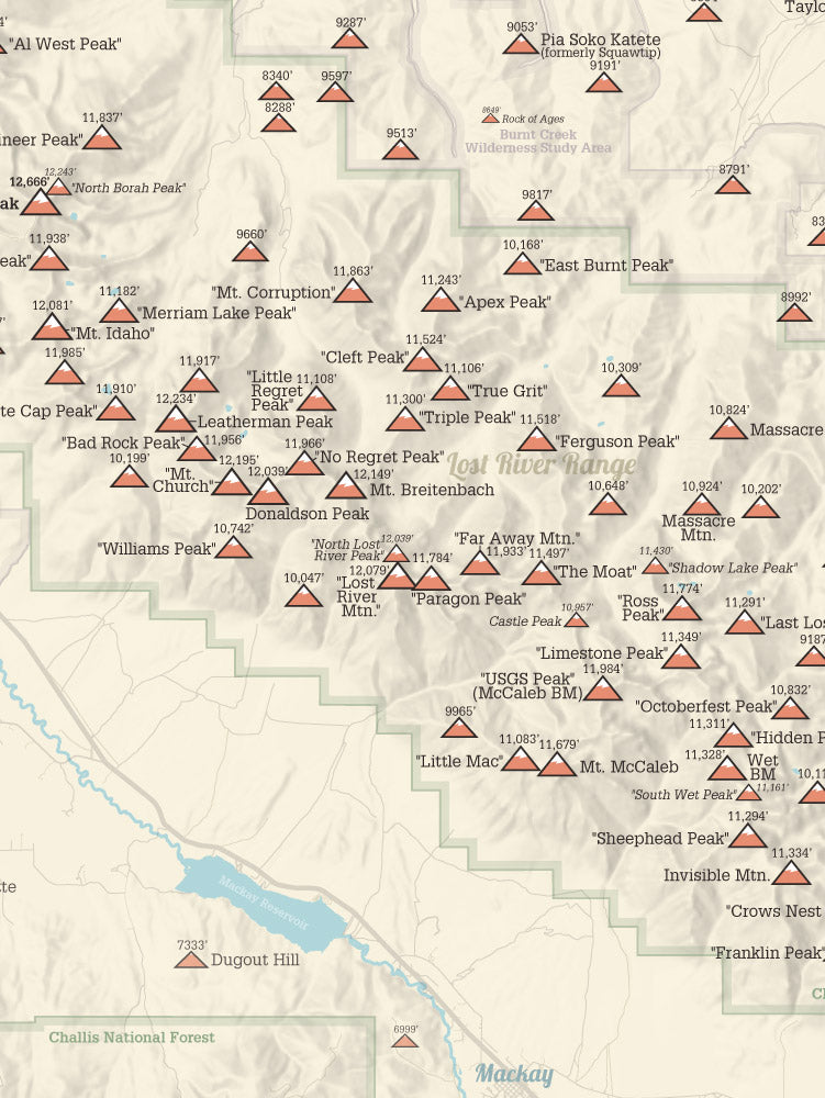 Idaho Lost River Range Climber Checklist Map - tan