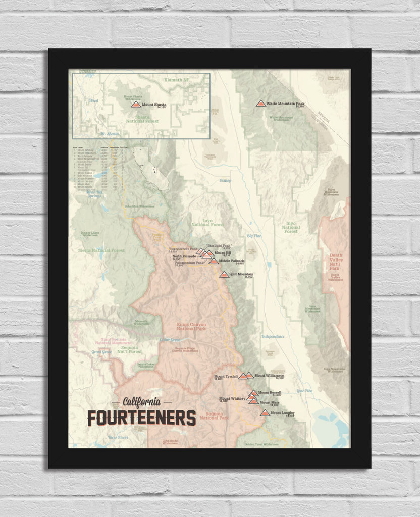 California 14ers Map 18x24 Poster