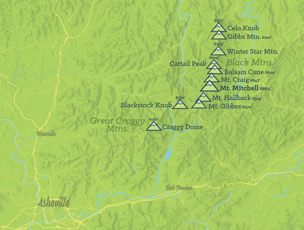 North Carolina 'Southern Sixers' / 'South Beyond 6000' Map Poster - bright green