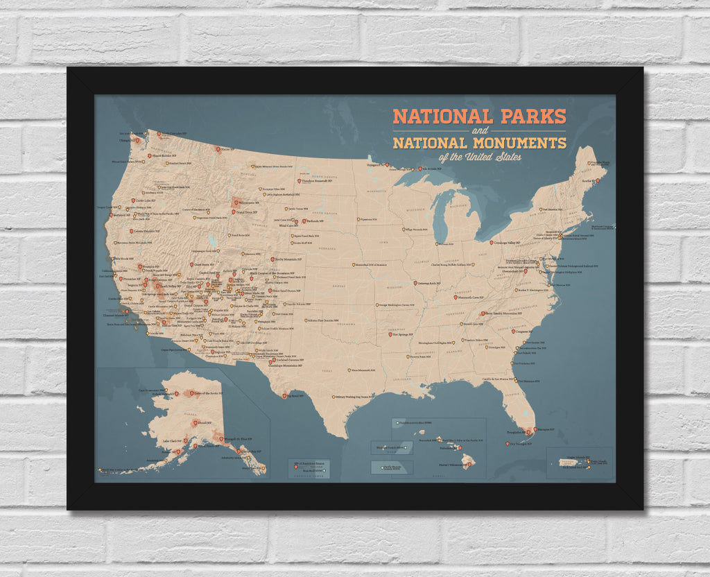 US National Parks & National Monuments Map 18x24 Poster