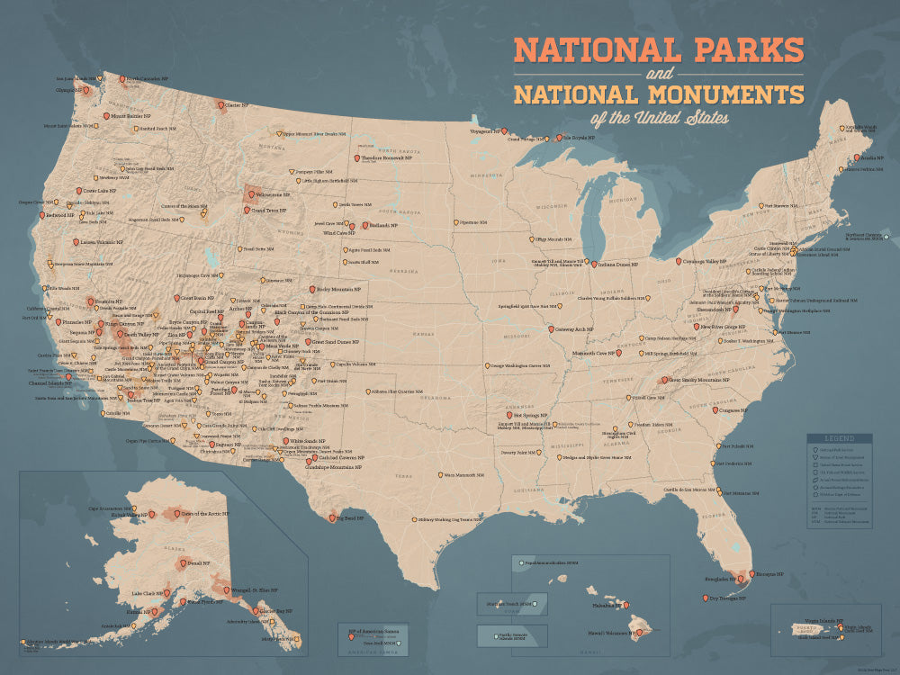 USA National Parks & National Monuments Map Poster - tan & slate blue