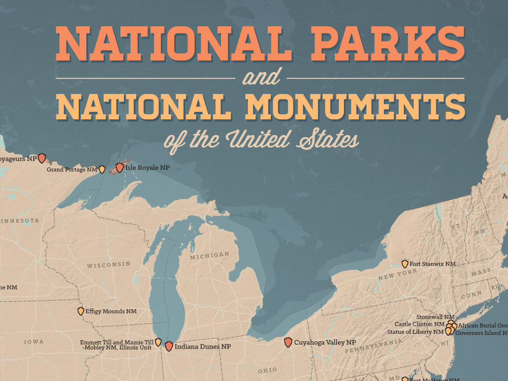 USA National Parks & National Monuments Map Poster - tan & slate blue