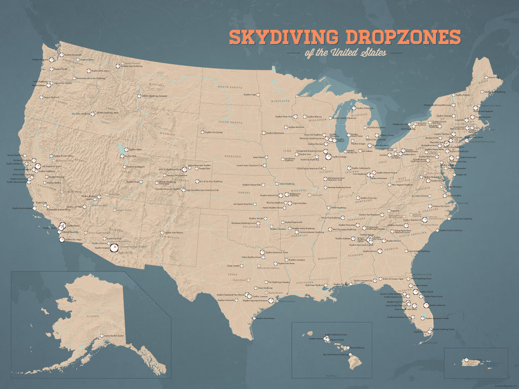 USA Skydiving Dropzones Map Poster - tan & slate blue