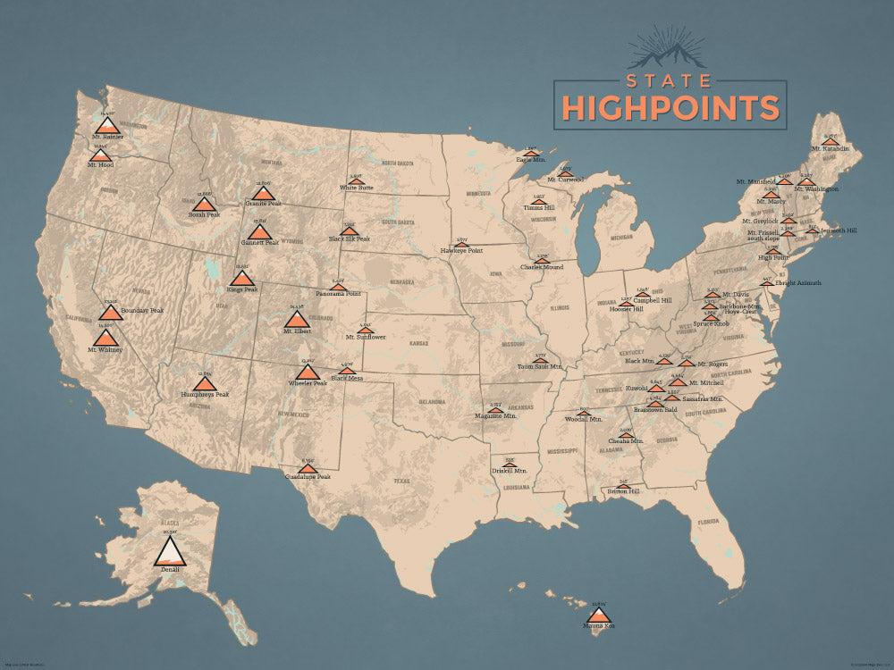 State High Points Highpoints Map Poster - tan & slate blue