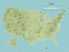 State High Points Highpoints Map Poster - sage & aqua