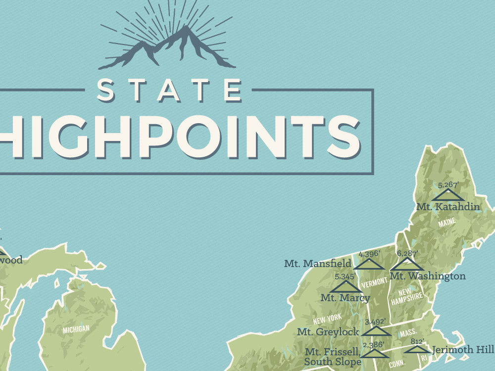 Map of state highpoints with mountain names on a light blue background