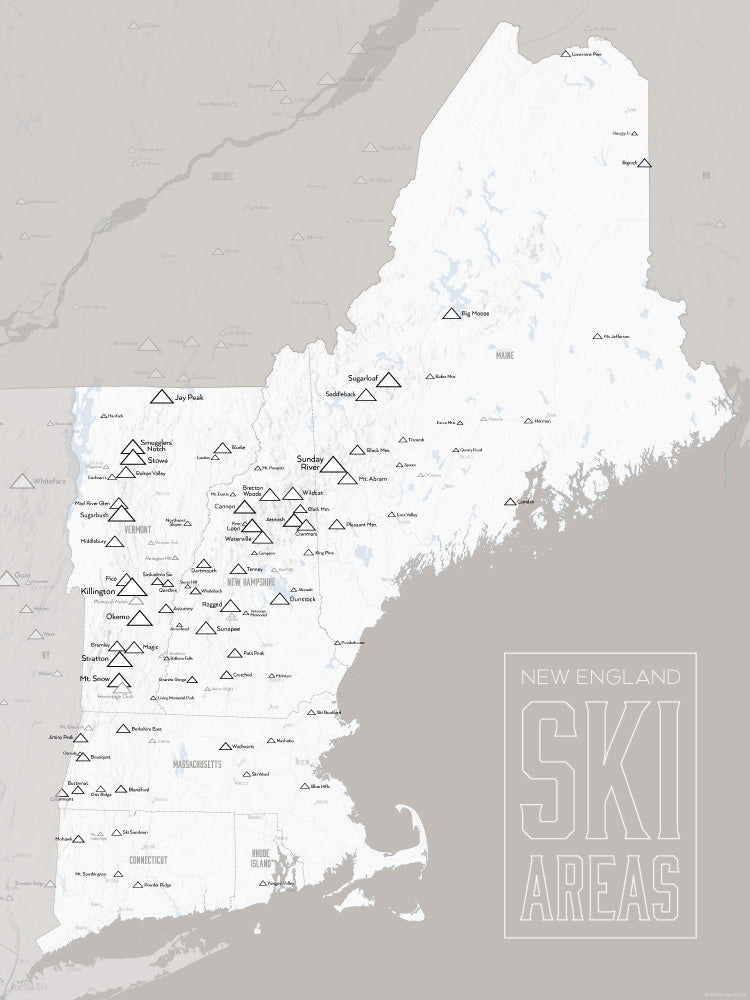 New England Ski Areas Resorts Map Poster - white & gray