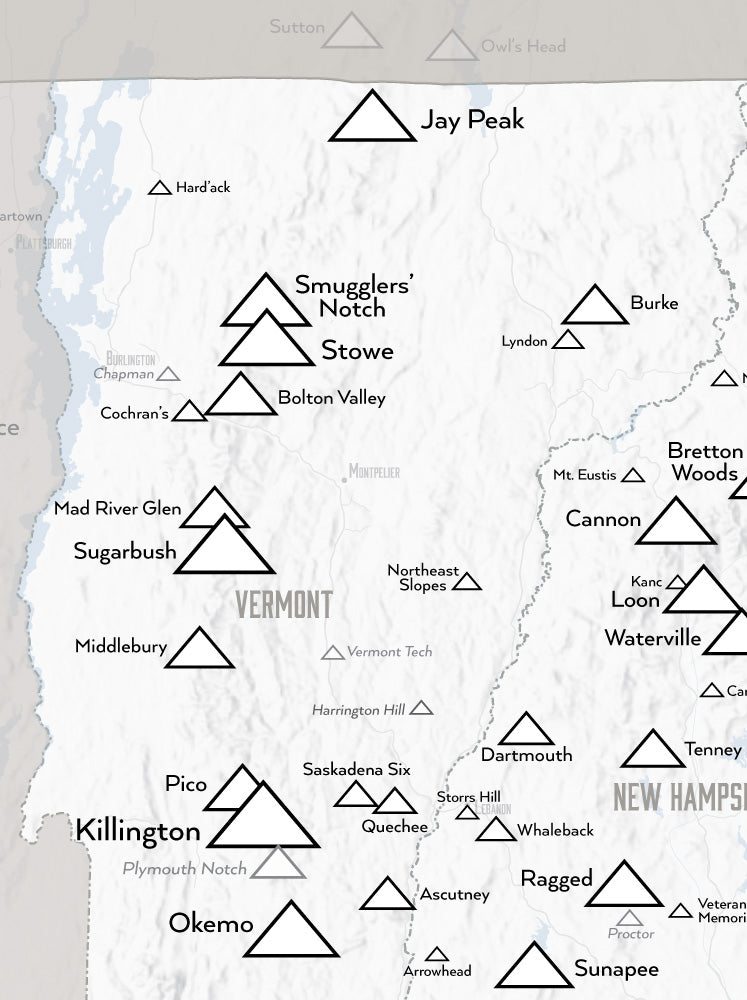 New England Ski Areas Resorts Map Poster - white & gray