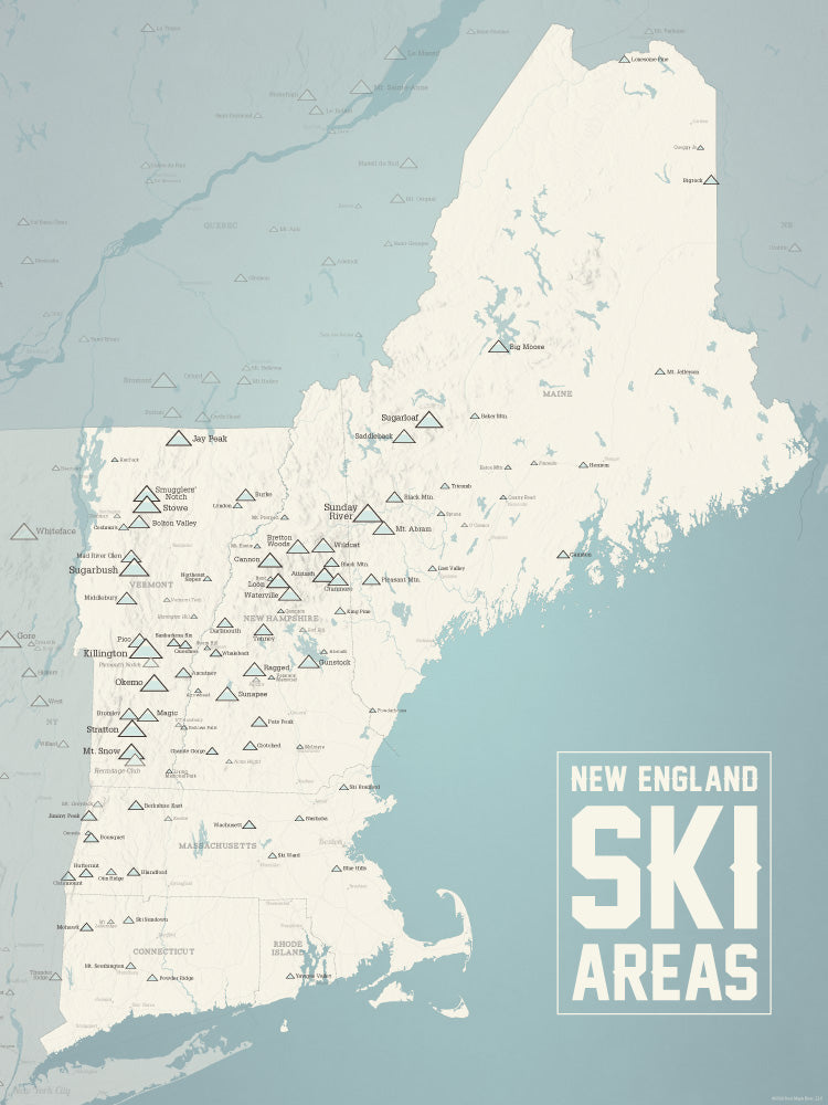 New England Ski Areas Resorts Map Poster - beige & opal blue