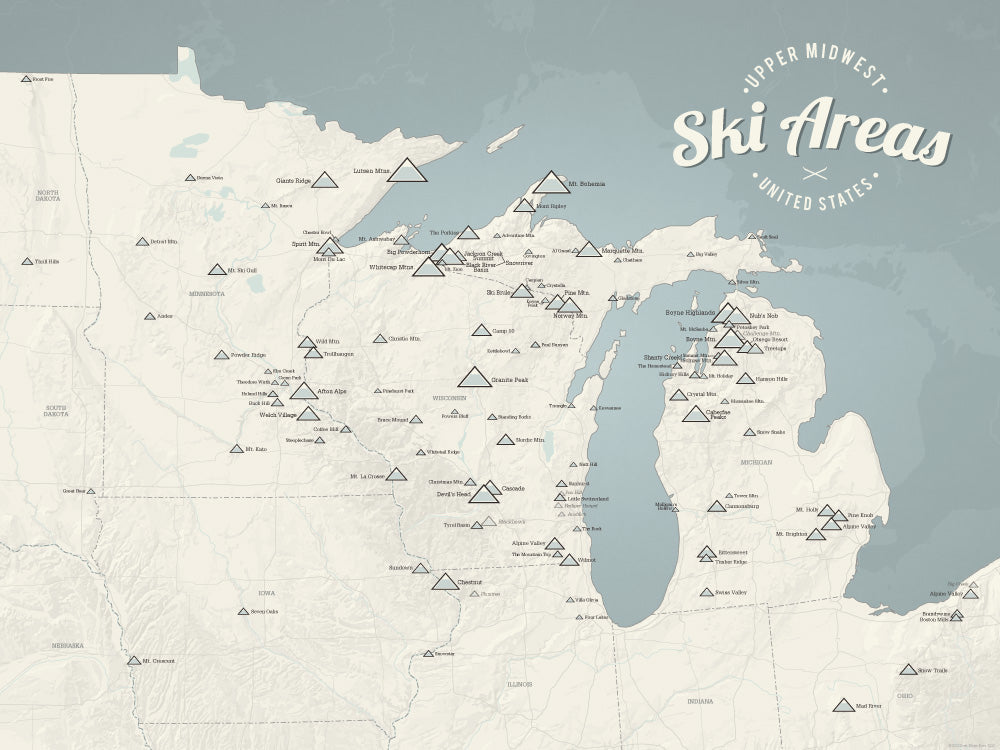 Upper Midwest Ski Areas Resorts Map Poster - beige & slate