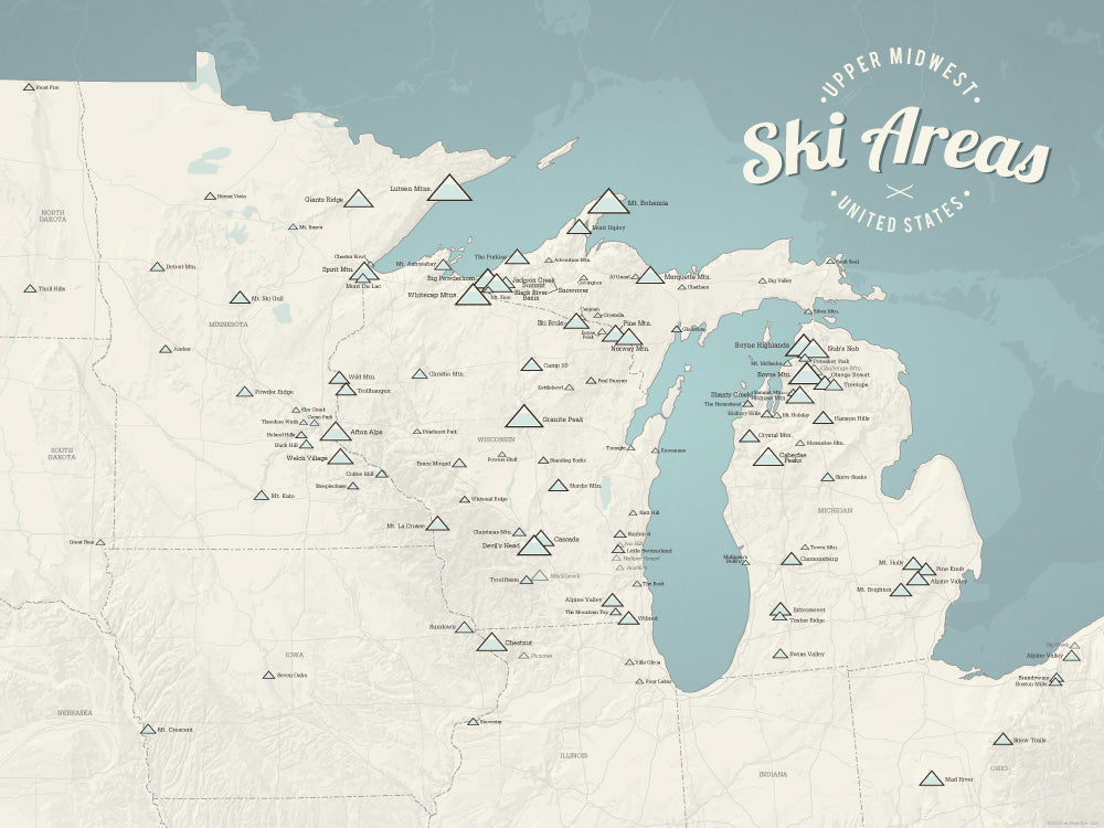 Upper Midwest Ski Areas Resorts Map Poster - beige & opal blue