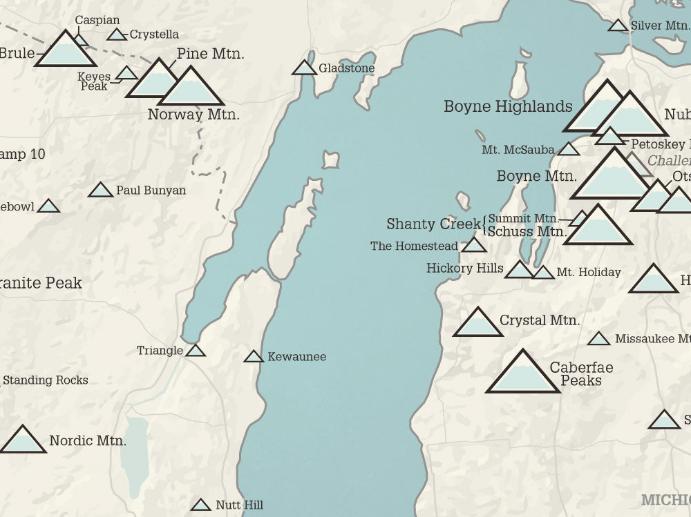 Upper Midwest Ski Areas Resorts Map Poster - beige & opal blue