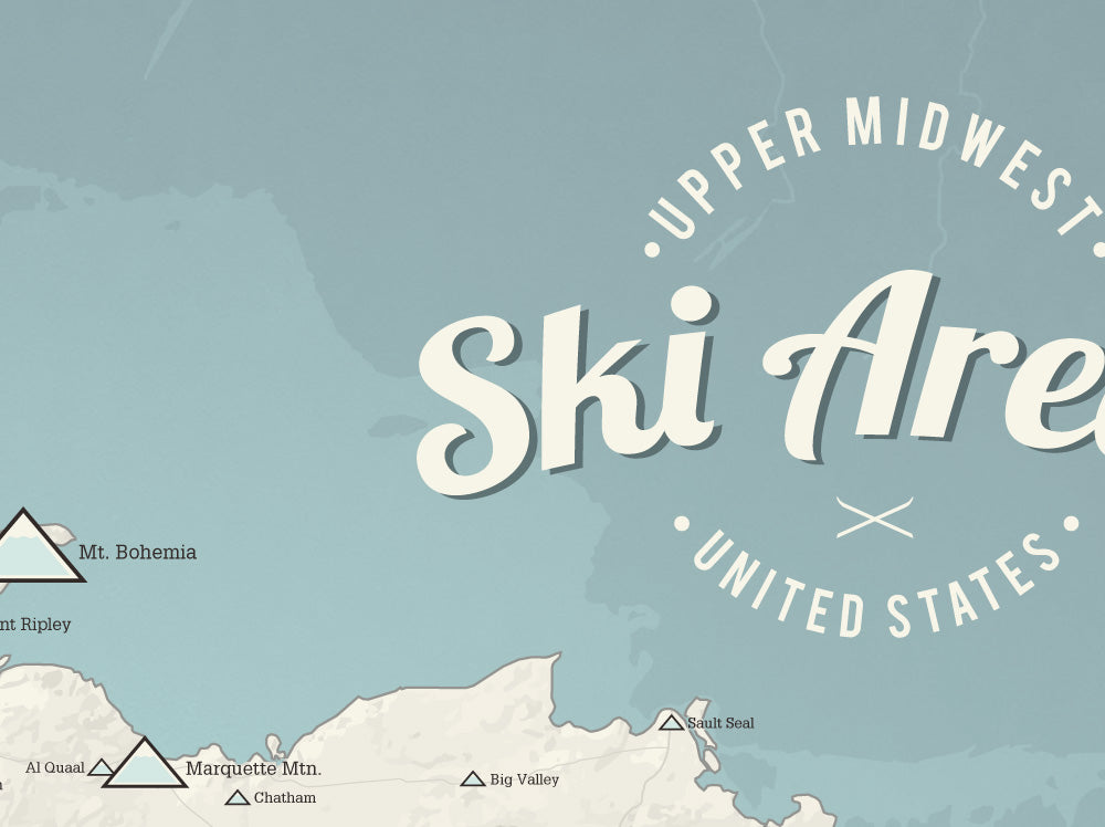 Upper Midwest Ski Areas Resorts Map Poster - beige & opal blue