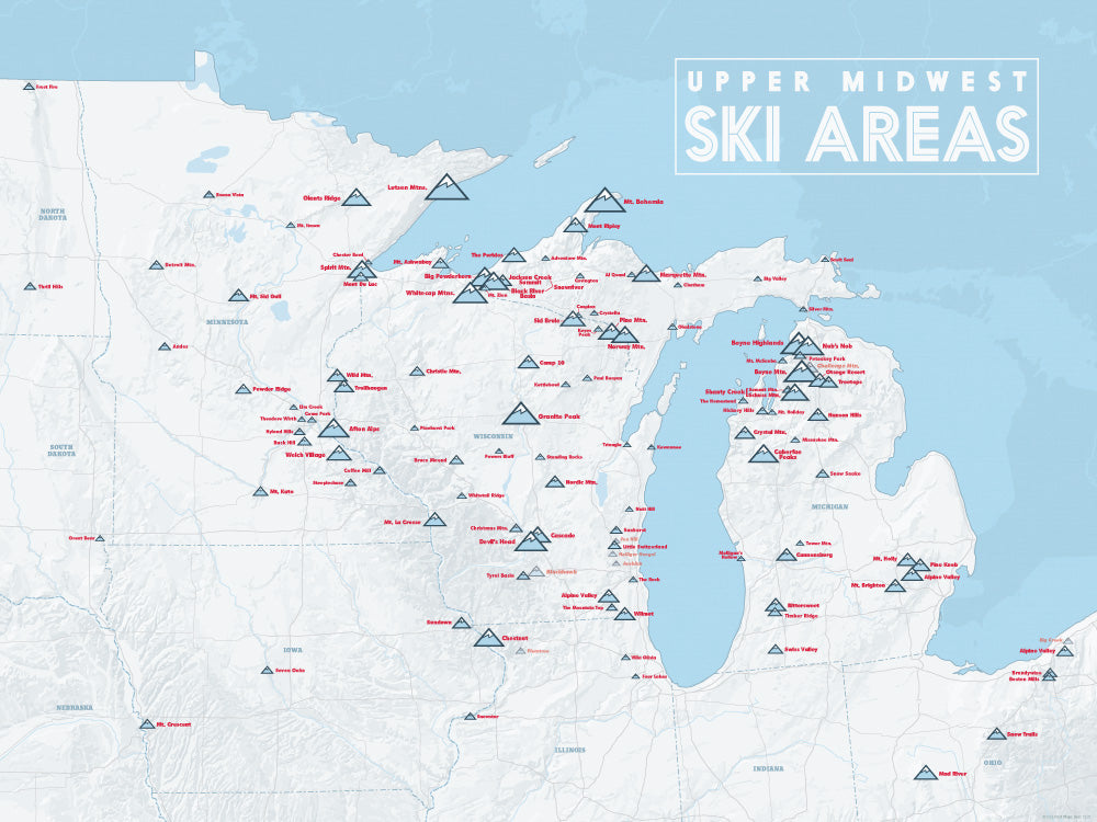 Upper Midwest Ski Areas Resorts Map Poster - white & light blue