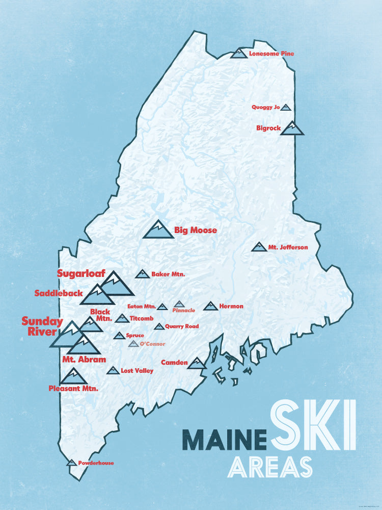 Maine Ski Resorts map poster - white & light blue