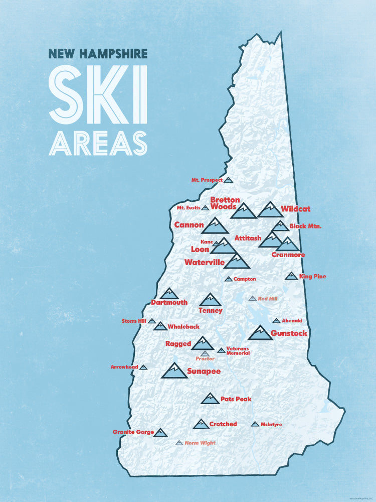 New Hampshire Ski Resorts Map Poster - white & light blue