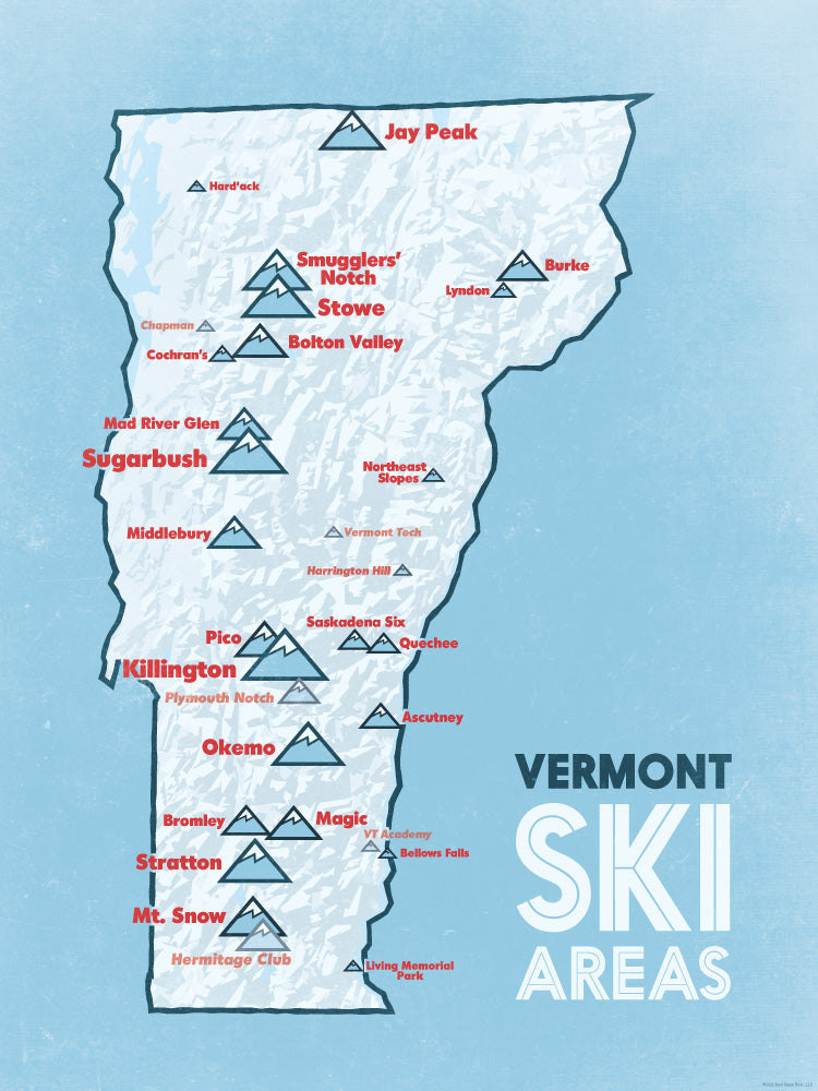 Vermont Ski Areas Resorts Map Poster - white & light blue