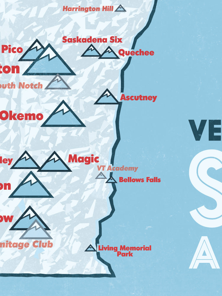 Vermont Ski Areas Resorts Map Poster - white & light blue