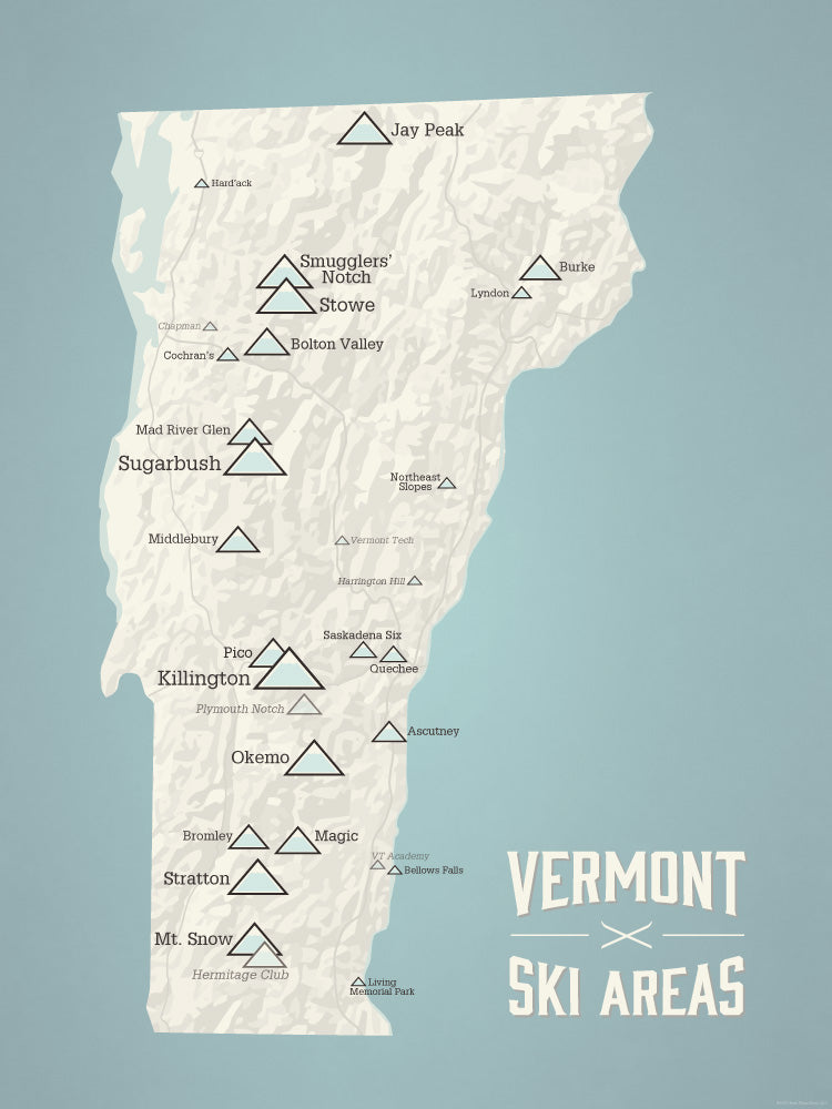 Vermont Ski Areas Resorts Map Poster - beige & opal blue