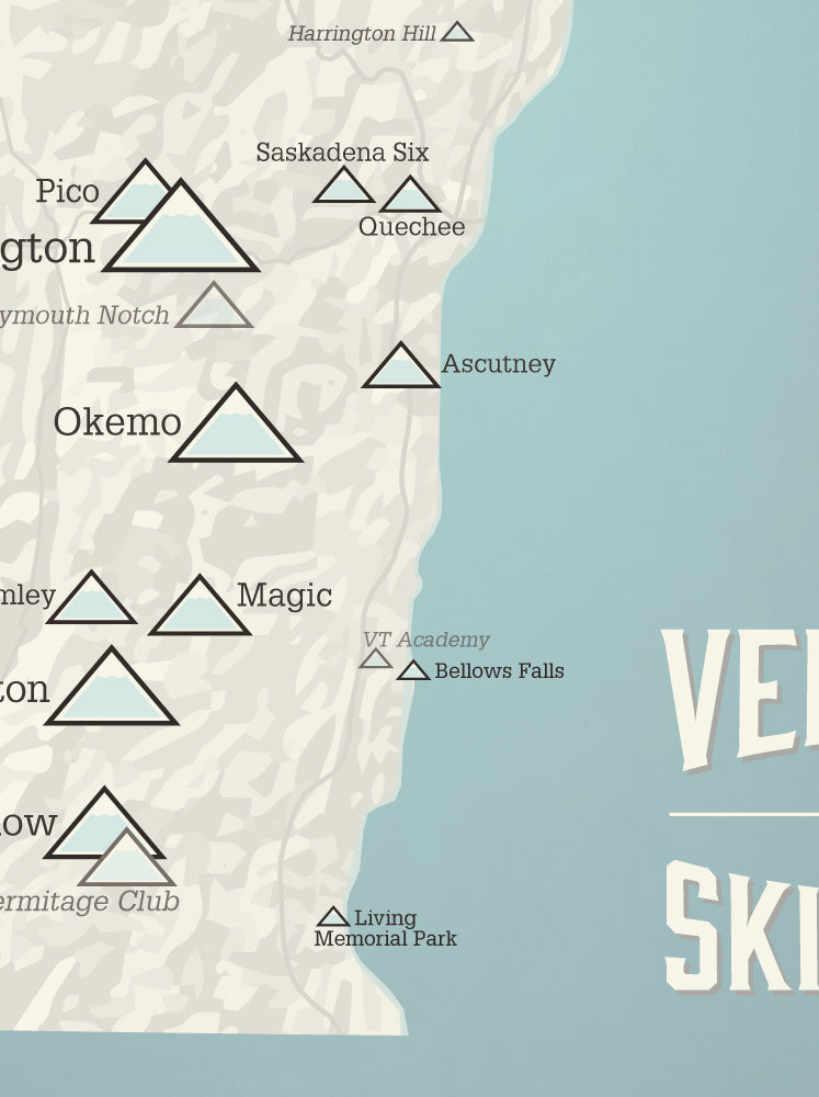 Vermont Ski Areas Resorts Map Poster - beige & opal blue