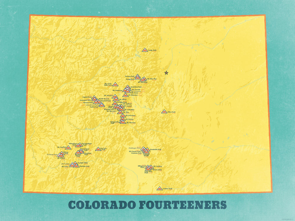 Colorado 14ers Map Poster - Marigold & Turquoise