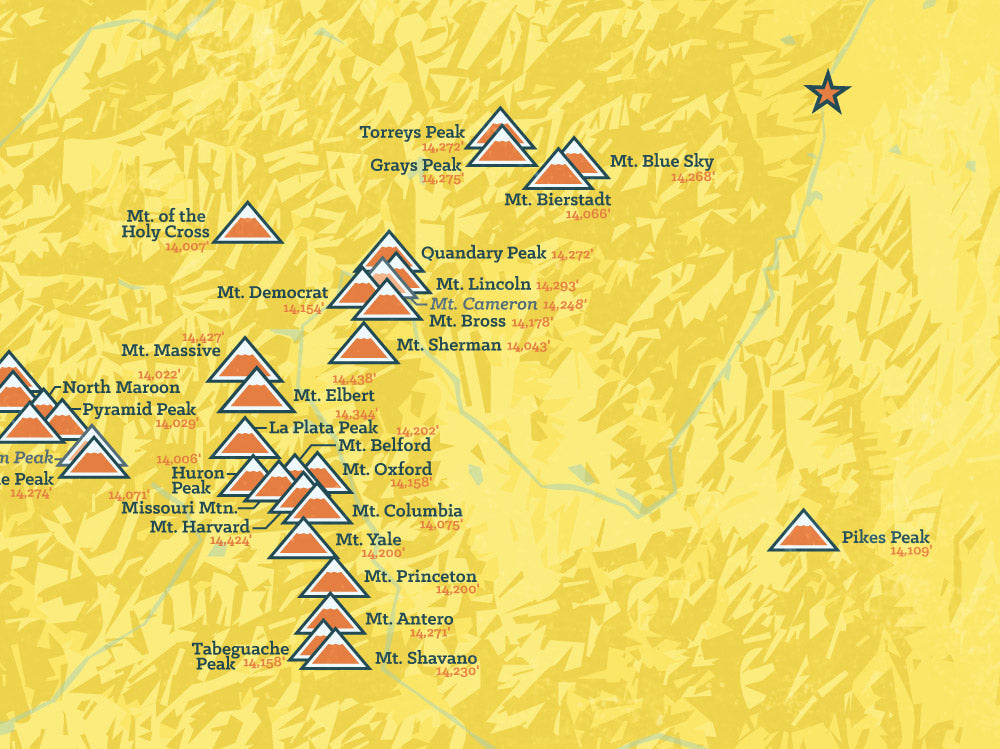 Colorado 14ers Map Poster - Marigold & Turquoise