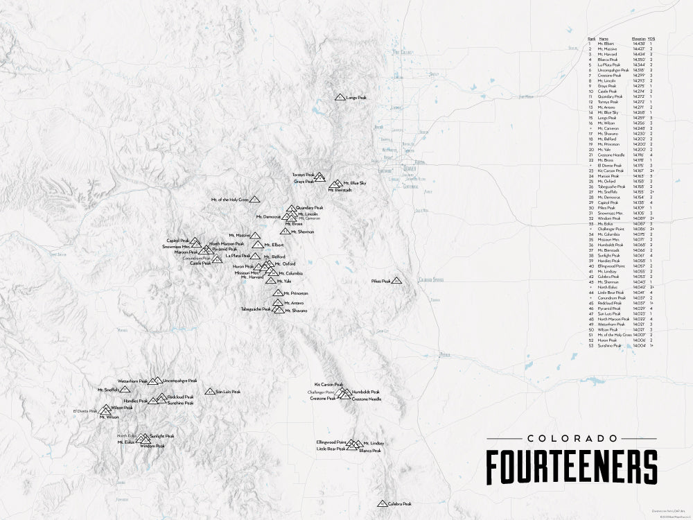 Colorado 14ers Map Poster - gray