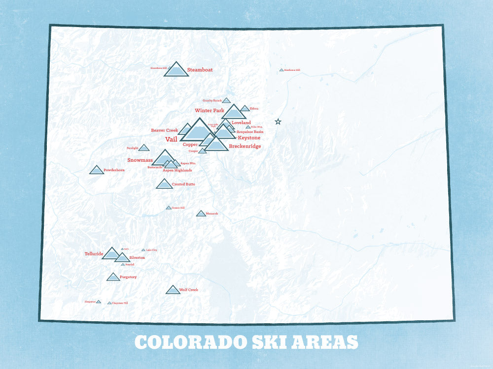 Colorado Ski Resorts Map Poster - white & light blue