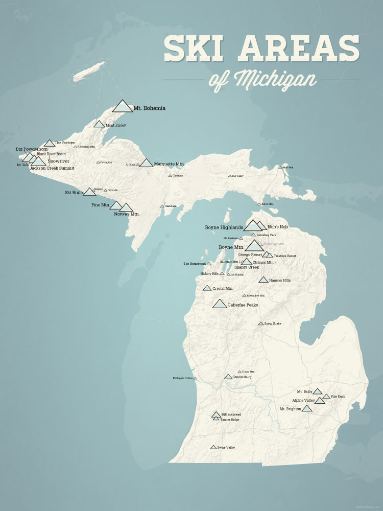 Michigan Ski Areas Resorts Map Poster - beige & opal blue